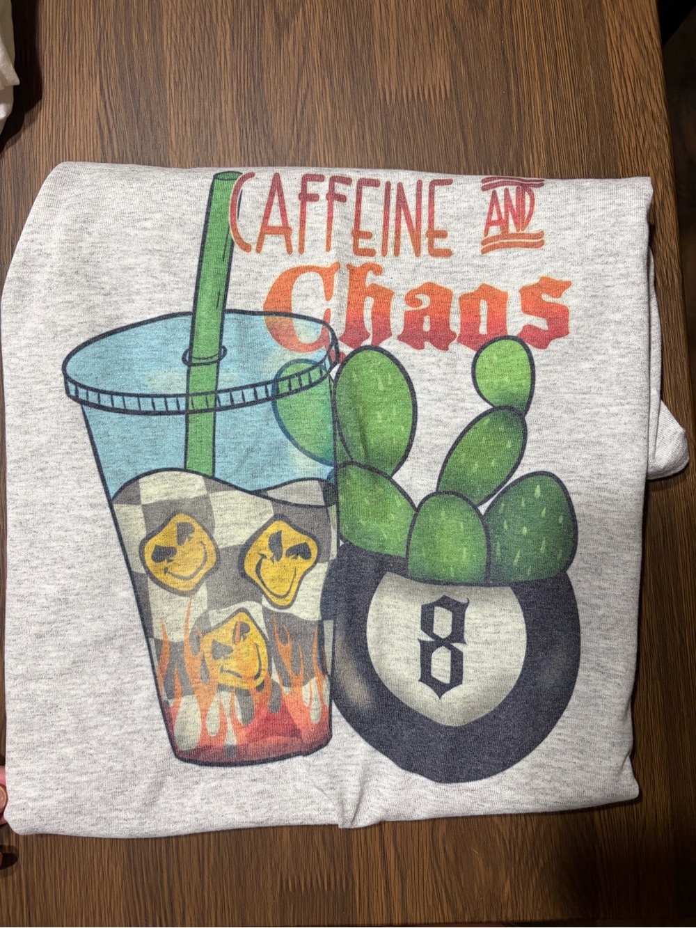 Caffeine and Chaos Graphic Tee - Light Gray with Green & Orange Print